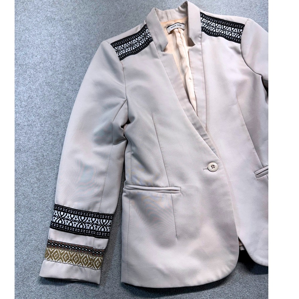 Naf Naf Blazer Womens Small Cream Embroidered Shoulder Cuff Single Button Jacket - Picture 2 of 11
